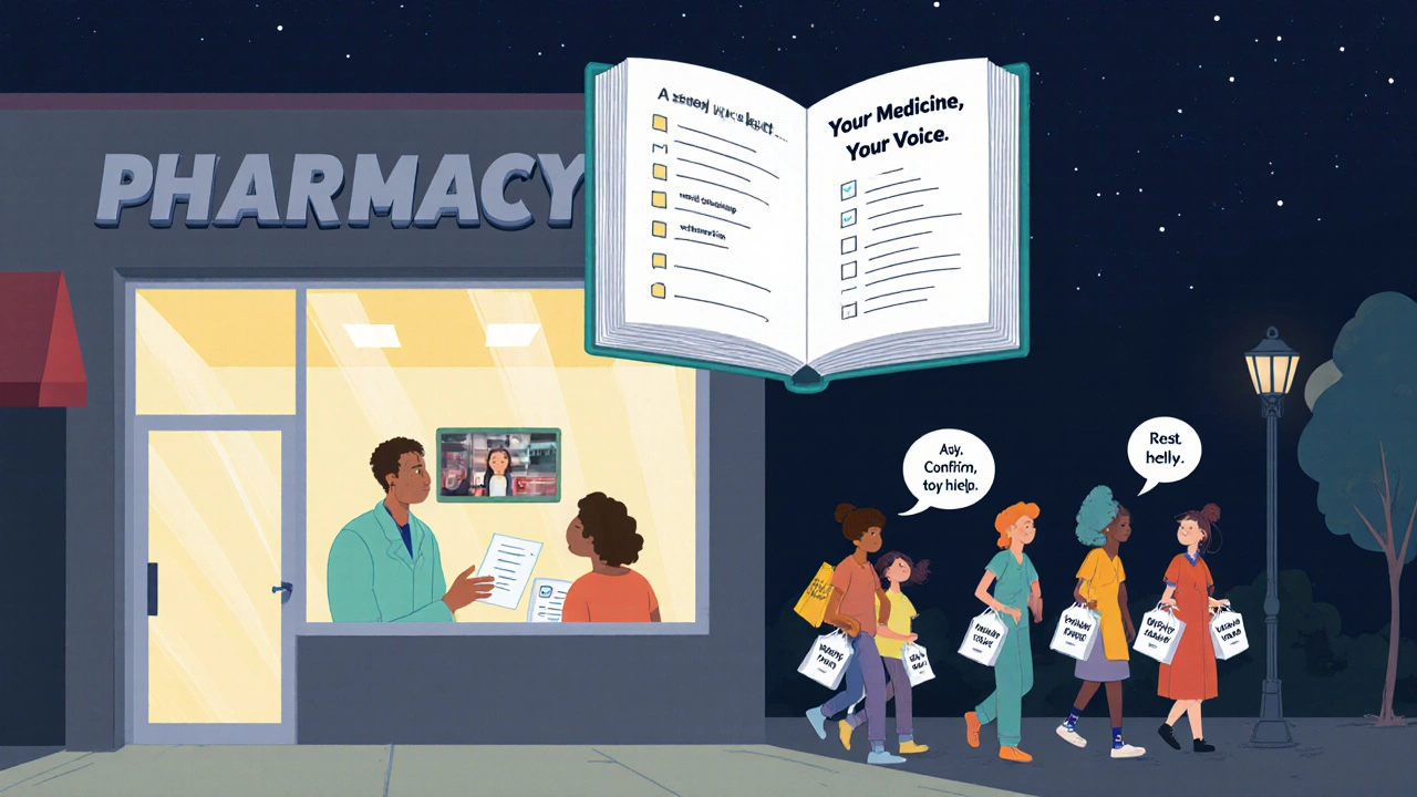 A pharmacy window lit at night, showing a family receiving help from a video interpreter, with diverse neighbors holding prescriptions.