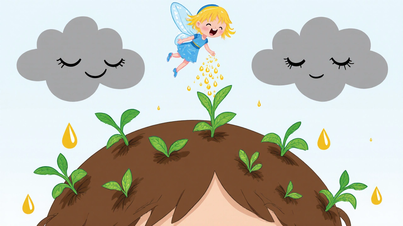 A scalp garden with sleepy hair follicles waking up as a fairy sprinkles golden dewdrops to grow new hair.