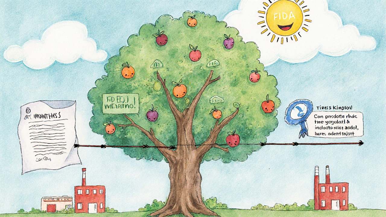 A timeline tree growing from a warning letter, showing transformation from broken factory to clean, compliant facility.