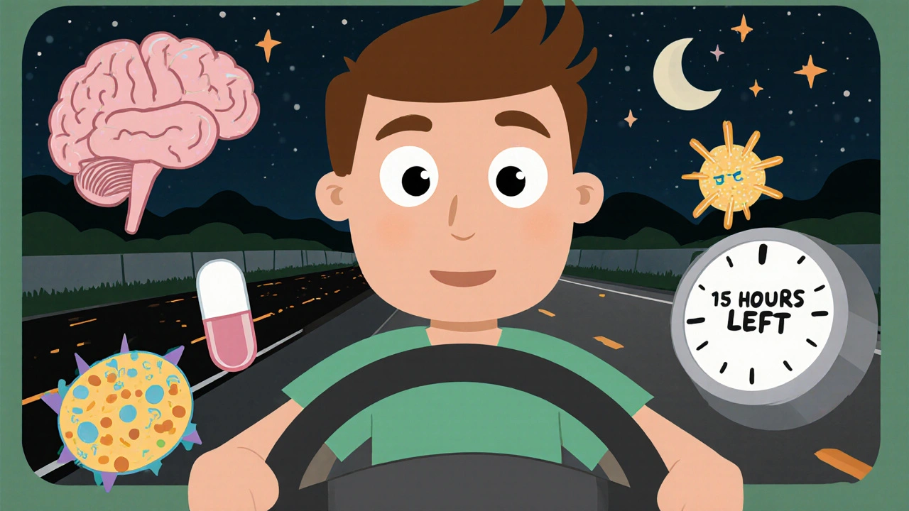 A truck driver with dim brain cells and a modafinil pill beside him under starry night sky.