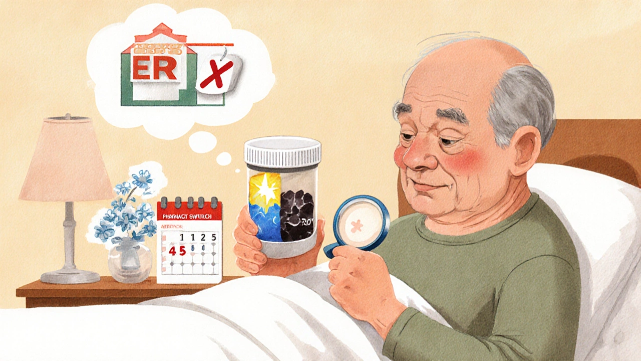An elderly person holding a pill with a sprite inside showing uneven absorption, and a hospital sign in their thought bubble.