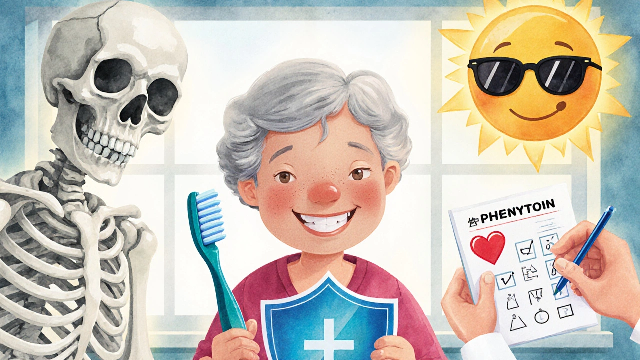 An elderly woman with swollen gums stands beside a glowing bone and vitamin D sun, with a pharmacist holding a test tube.