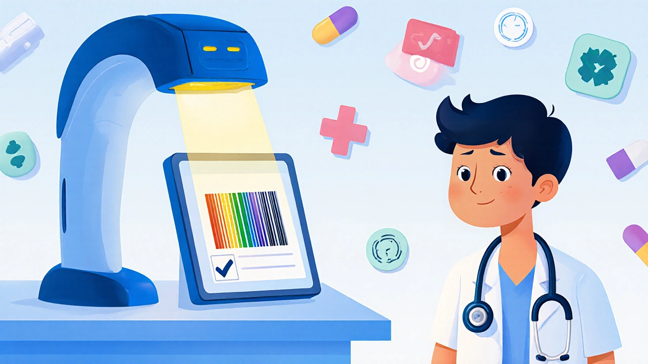Barcode scanner glows as it matches a patient&#039;s ID to a digital record, with medical icons floating nearby.