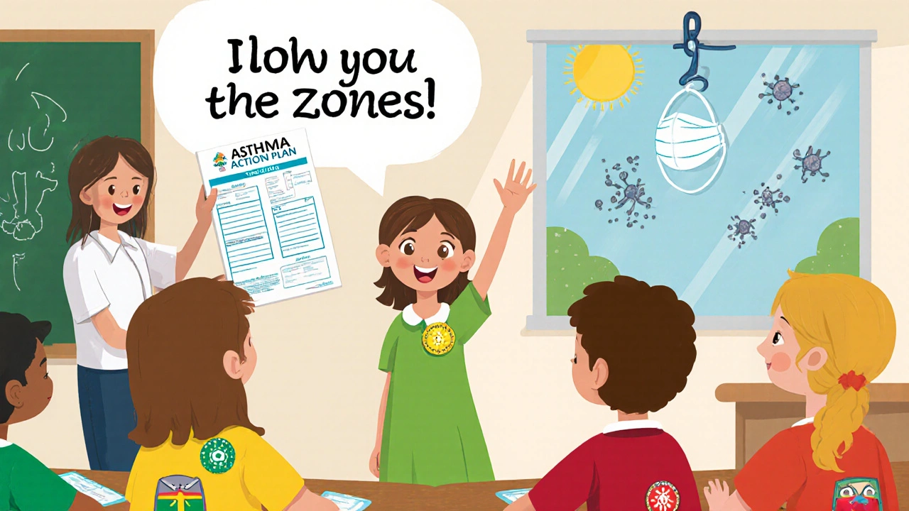 Child in classroom explaining asthma zones to teacher and classmates, with colored badges and a mask on the window.