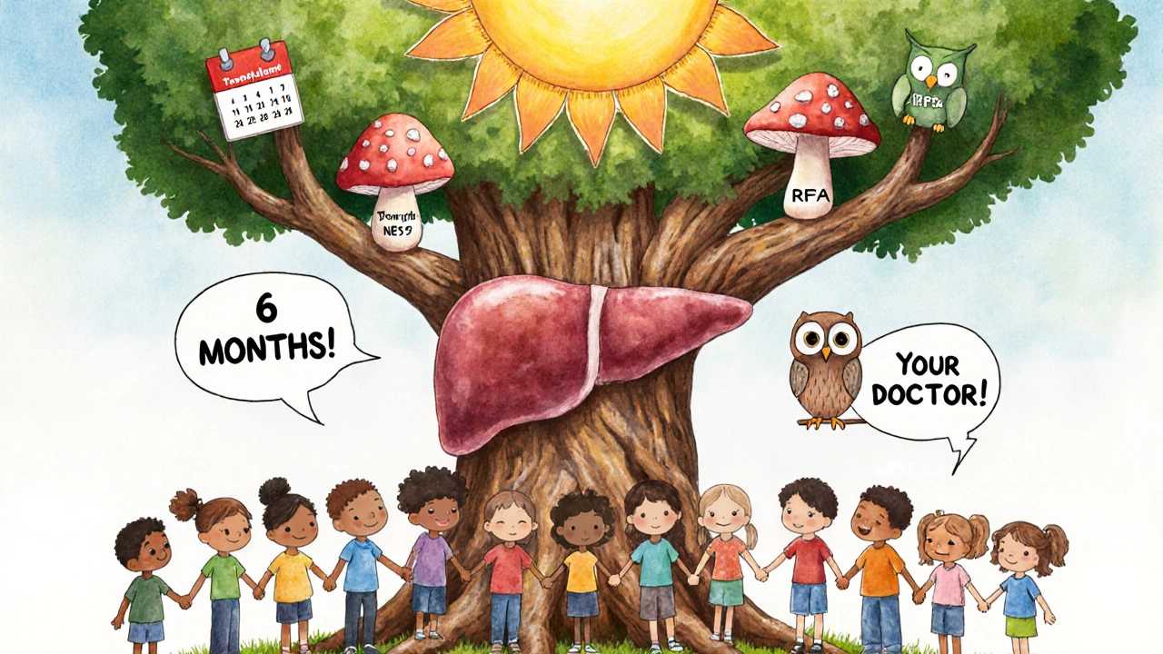 Children holding hands around a tree with a cirrhotic liver root, one root growing cancer mushrooms, another bearing cure fruit, under a calendar sun.
