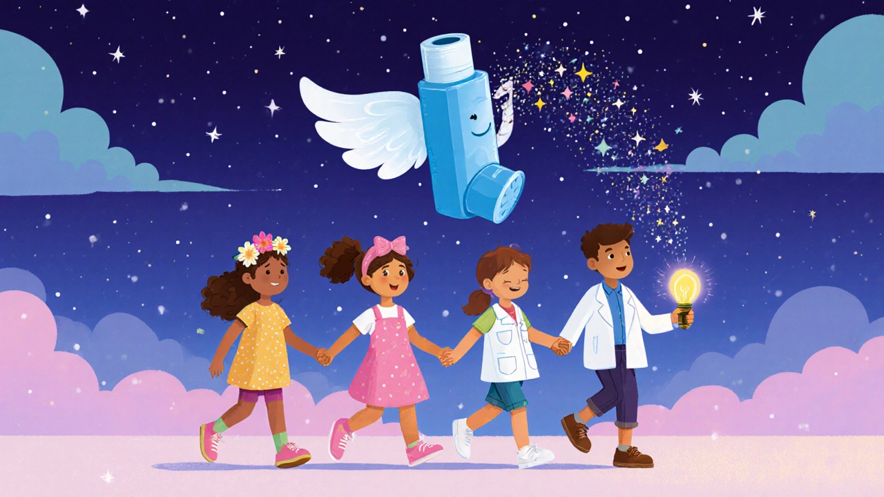 Children of different asthma types holding hands under a friendly flying inhaler.