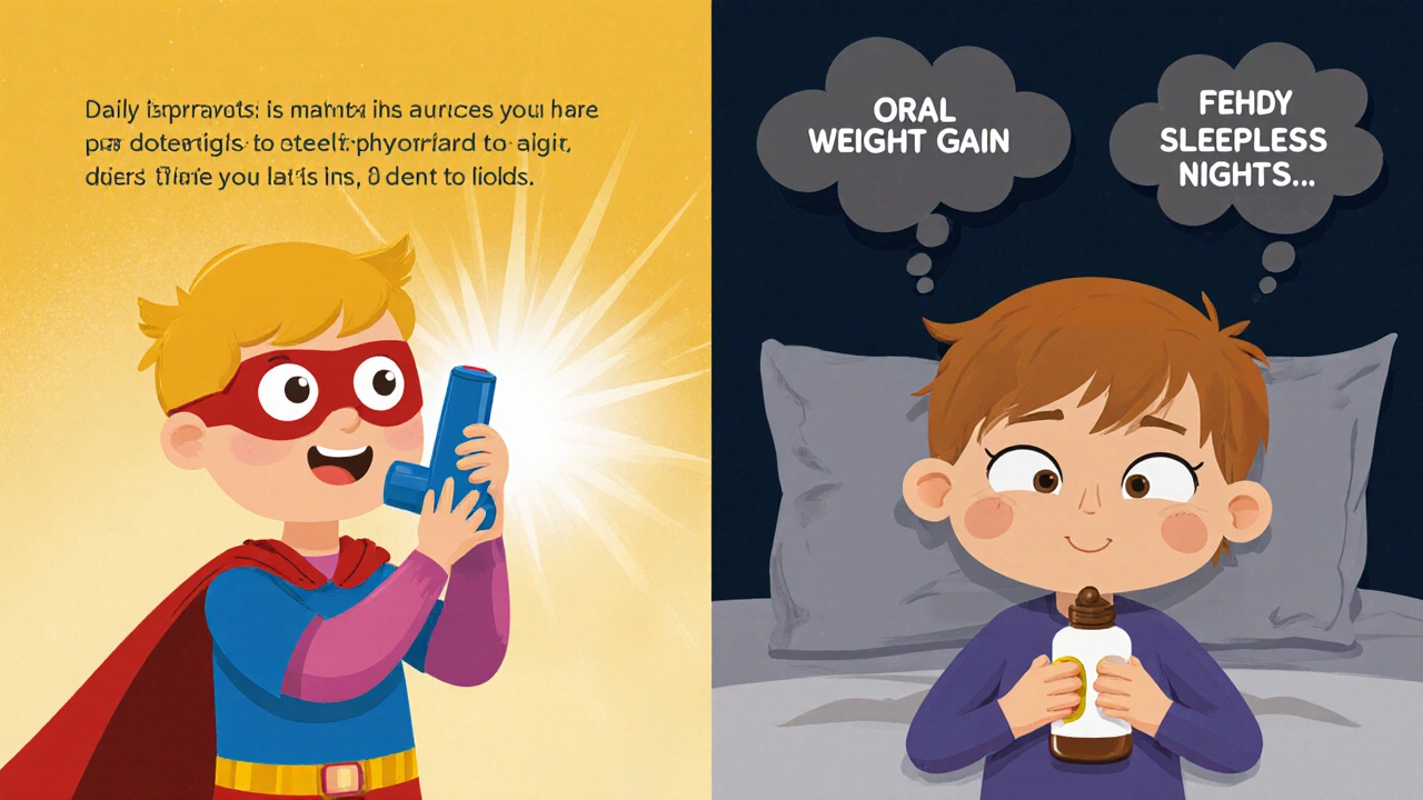 Contrasting scenes: child using inhaler happily vs. child struggling with oral steroid side effects.