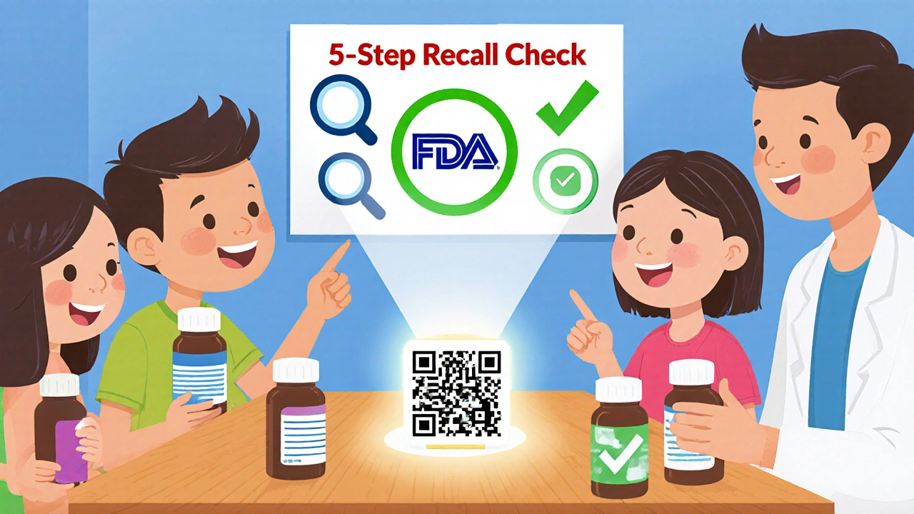 Family checking medicine bottles with glowing QR code and &#039;5-Step Recall Check&#039; poster on wall.