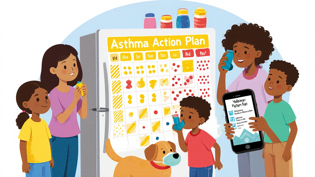 Family looking at a patterned asthma plan on the fridge, with a parent helping a child use an inhaler and a phone showing an alert.