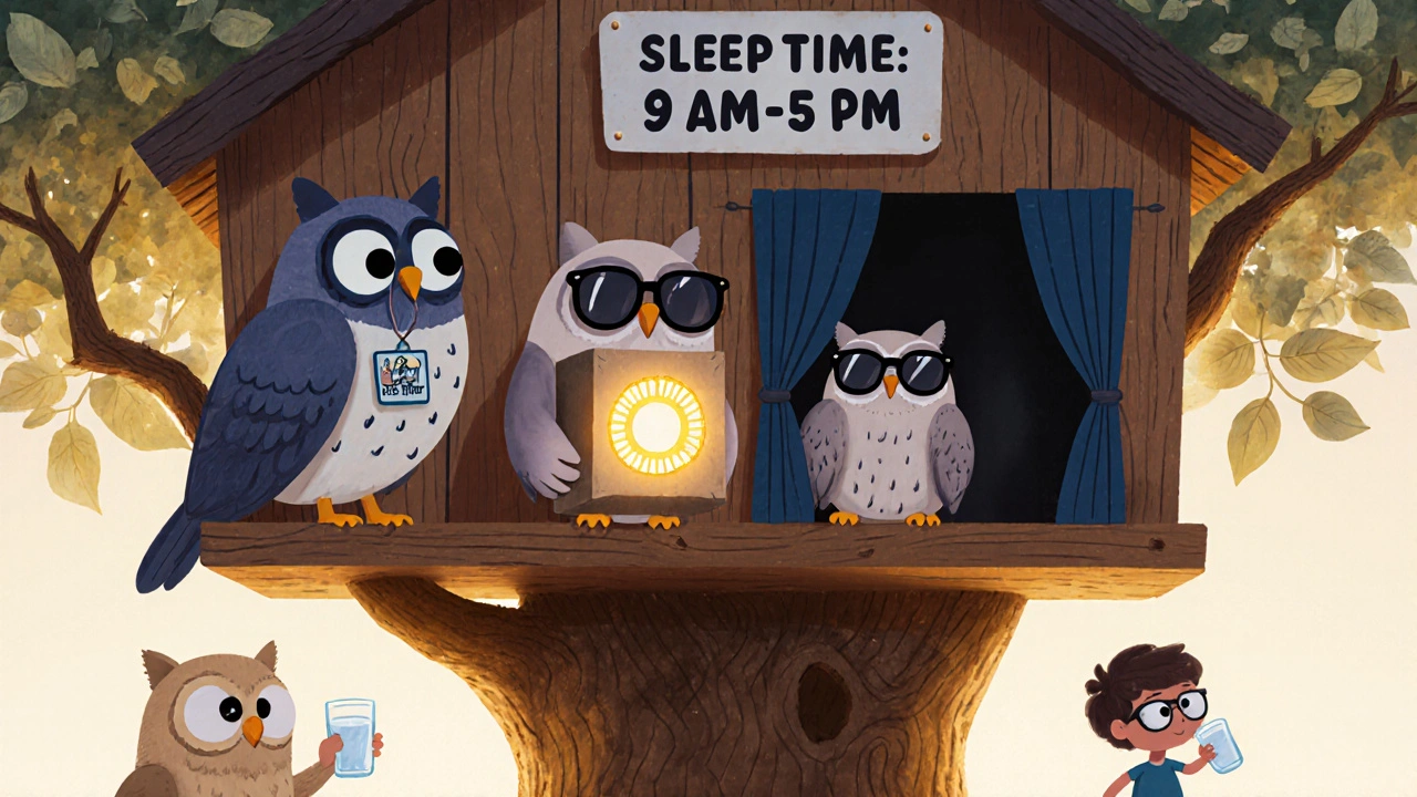 Owls in a treehouse using light therapy and sunglasses to manage night shift sleep.