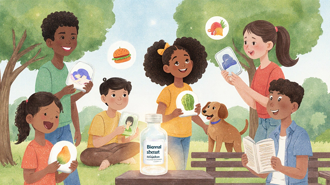 People smiling in a park with fuller hair, surrounded by icons of health and rest, a bimatoprost bottle nearby.