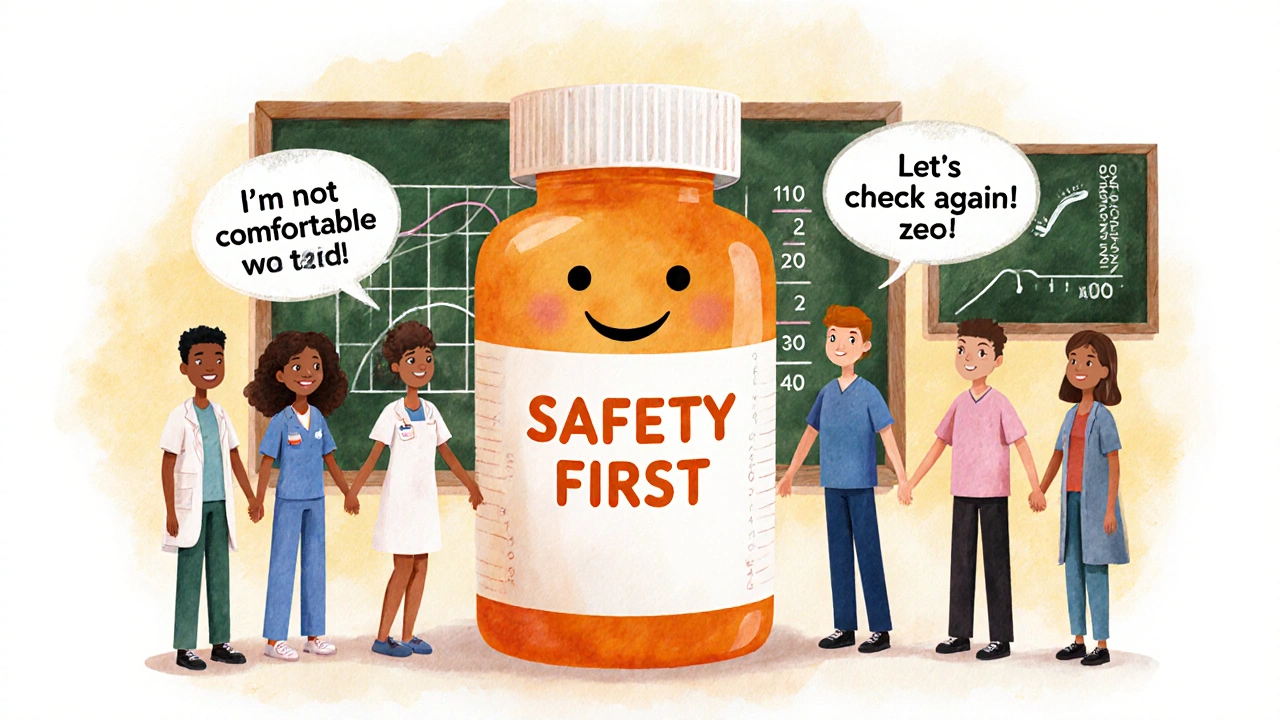 Pharmacy staff hold hands around a smiling pill bottle labeled &#039;Safety First,&#039; with speech bubbles about speaking up.