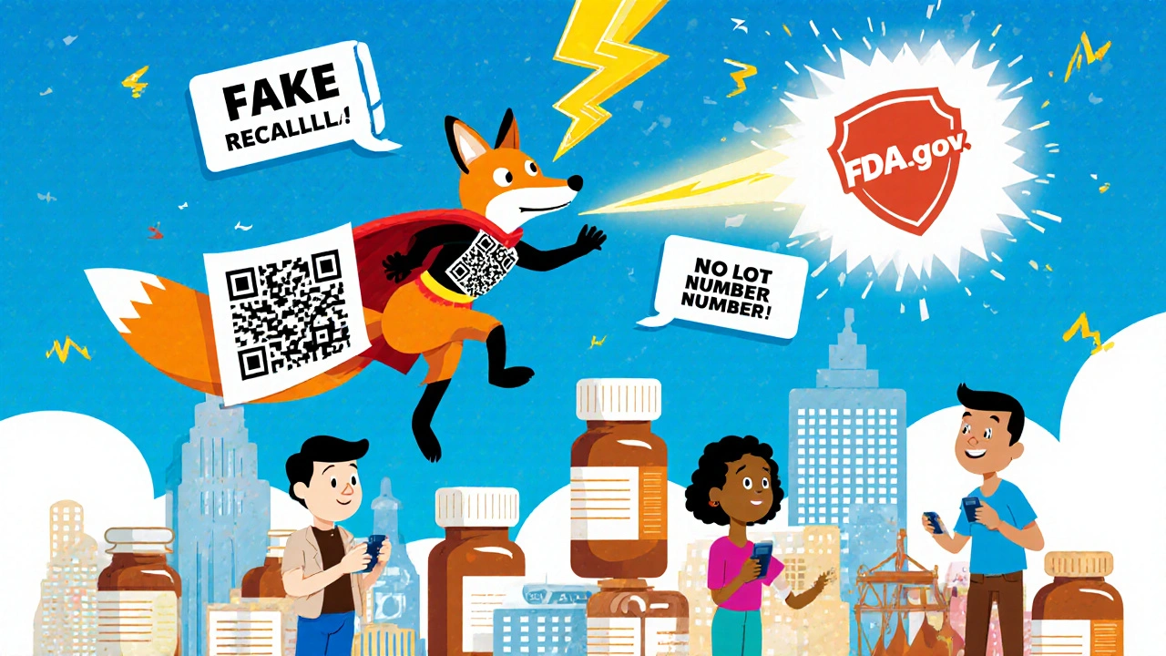 Superhero fox zaps fake recall posts with QR code cape as people safely verify drugs online.