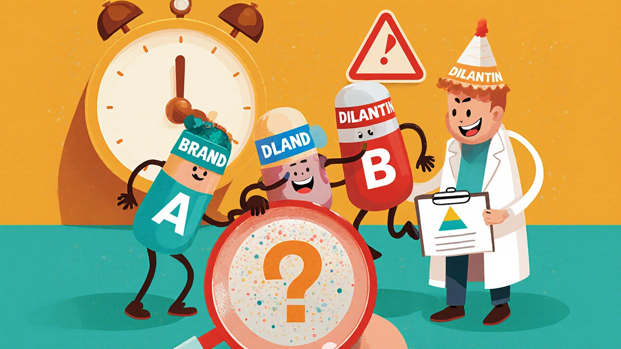 Three generic pills in hats pulling on a bloodstream, one releasing drug too fast, with a doctor watching.