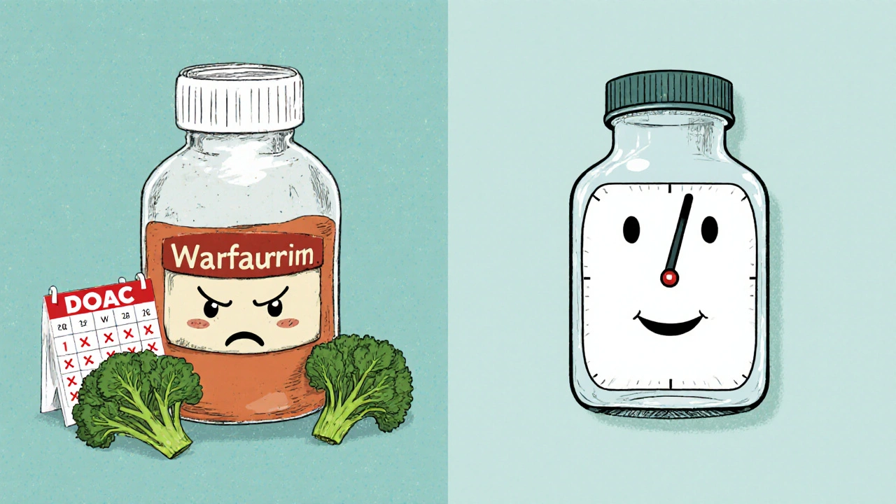 Two medicine bottles: one messy with food and tests, the other simple and free, symbolizing warfarin vs DOACs.