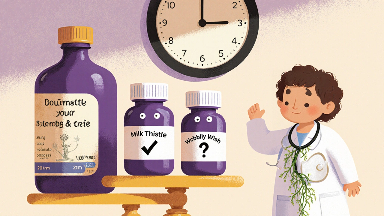 Two milk thistle capsules on a scale beside a warfarin bottle, with a doctor and clock showing time effects.