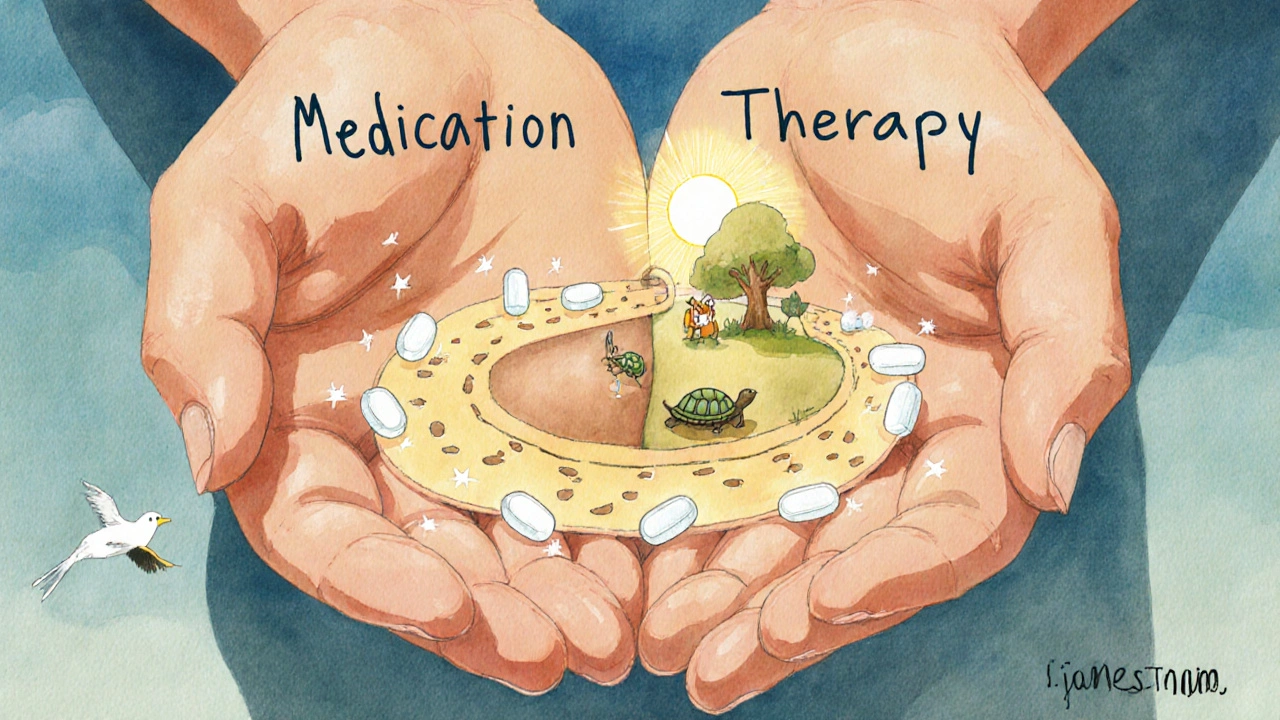 Two paths labeled &#039;Medication&#039; and &#039;Therapy&#039; merge into a bright road with friendly animal guides under a calm sky.