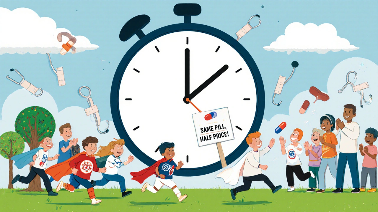 Two teams of pill characters racing at patent expiration, with the brand team offering a lower price as patients cheer.