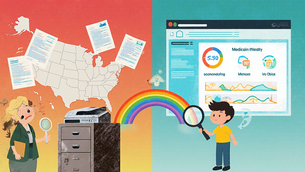 Two worlds: one with paper files and fax machines, the other with glowing digital dashboards showing automatic enrollment.