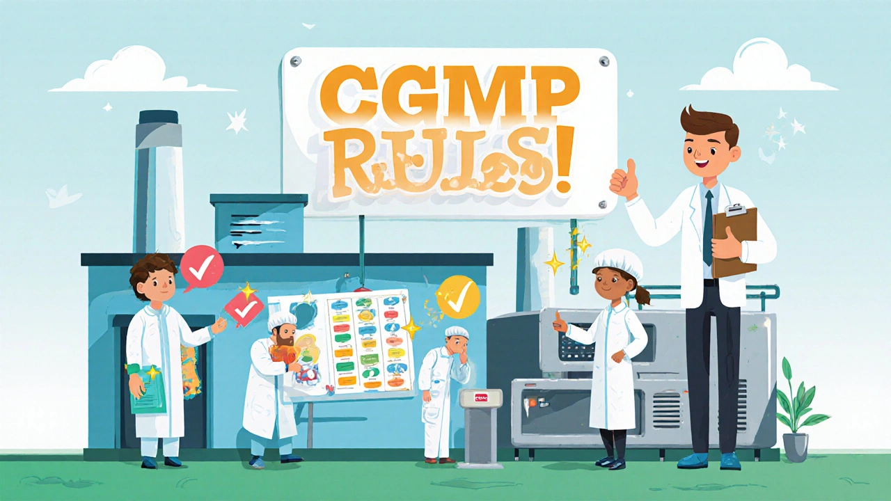 Workers in a factory fixing quality issues with colorful flowcharts and smiling FDA inspector giving approval.