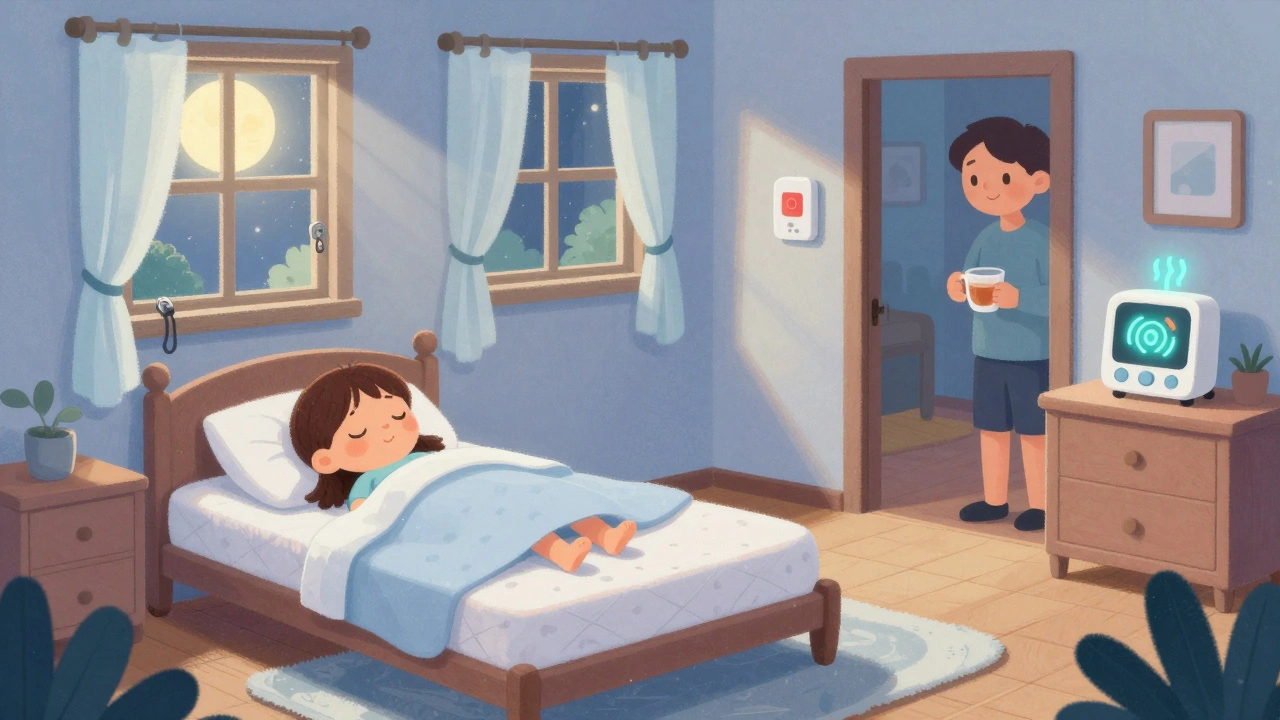 A child&#039;s bedroom made safe for sleepwalking with mattress on floor, door alarm, and locked windows.