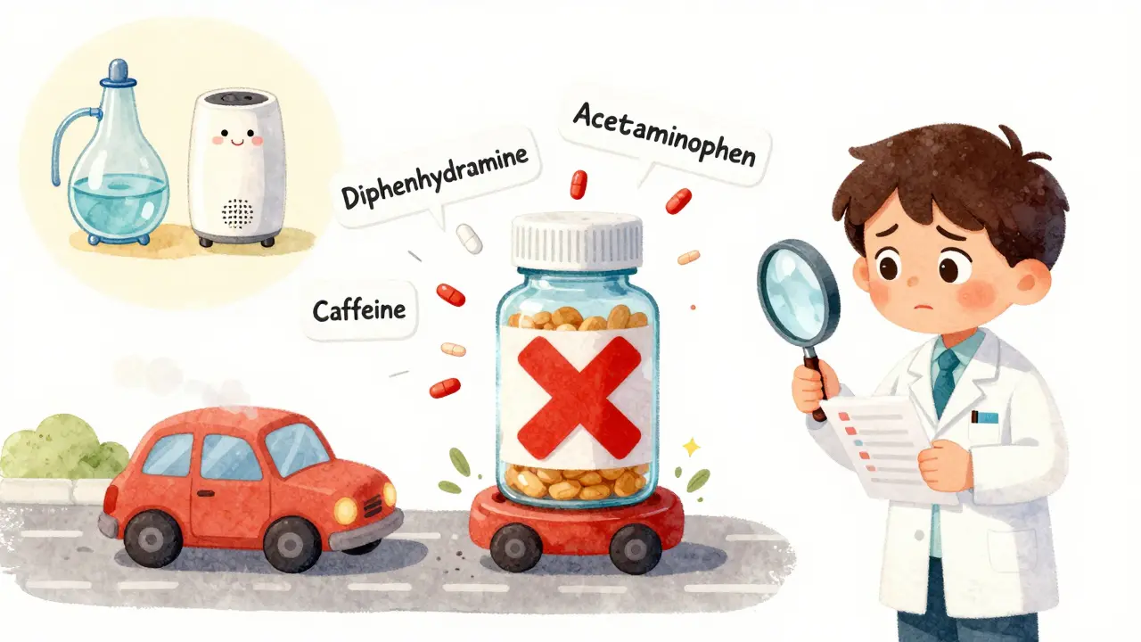 A child's medicine bottle with dangerous pills colliding, next to safer allergy solutions like a neti pot.