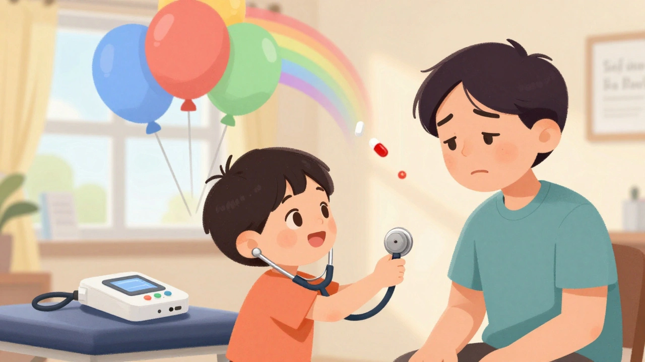 A child giving a stethoscope to an adult while safe pain relief alternatives rise like colorful balloons in the background.