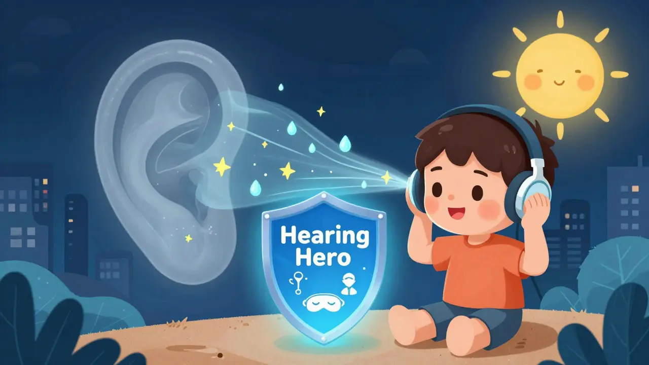 A child listens to ocean sounds through headphones while glowing hair cells are protected by a force field in their ear.