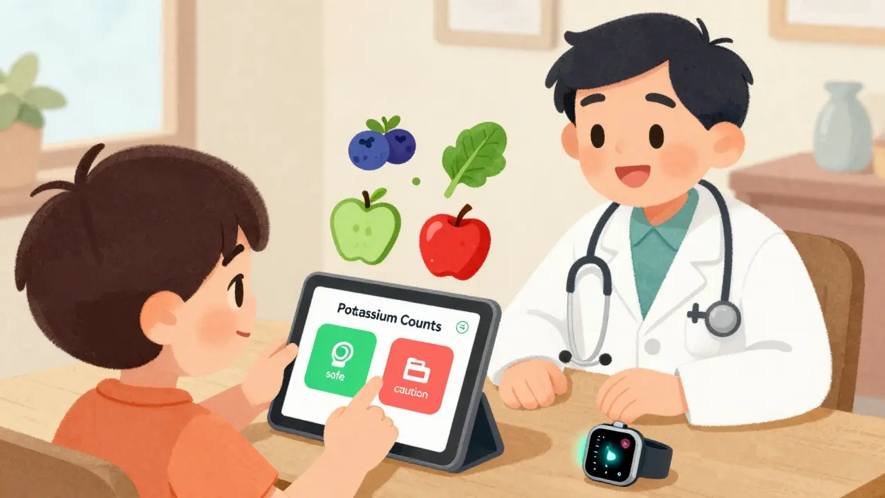 A child sorting foods into safe and caution bins using a potassium-tracking app with a doctor nearby.
