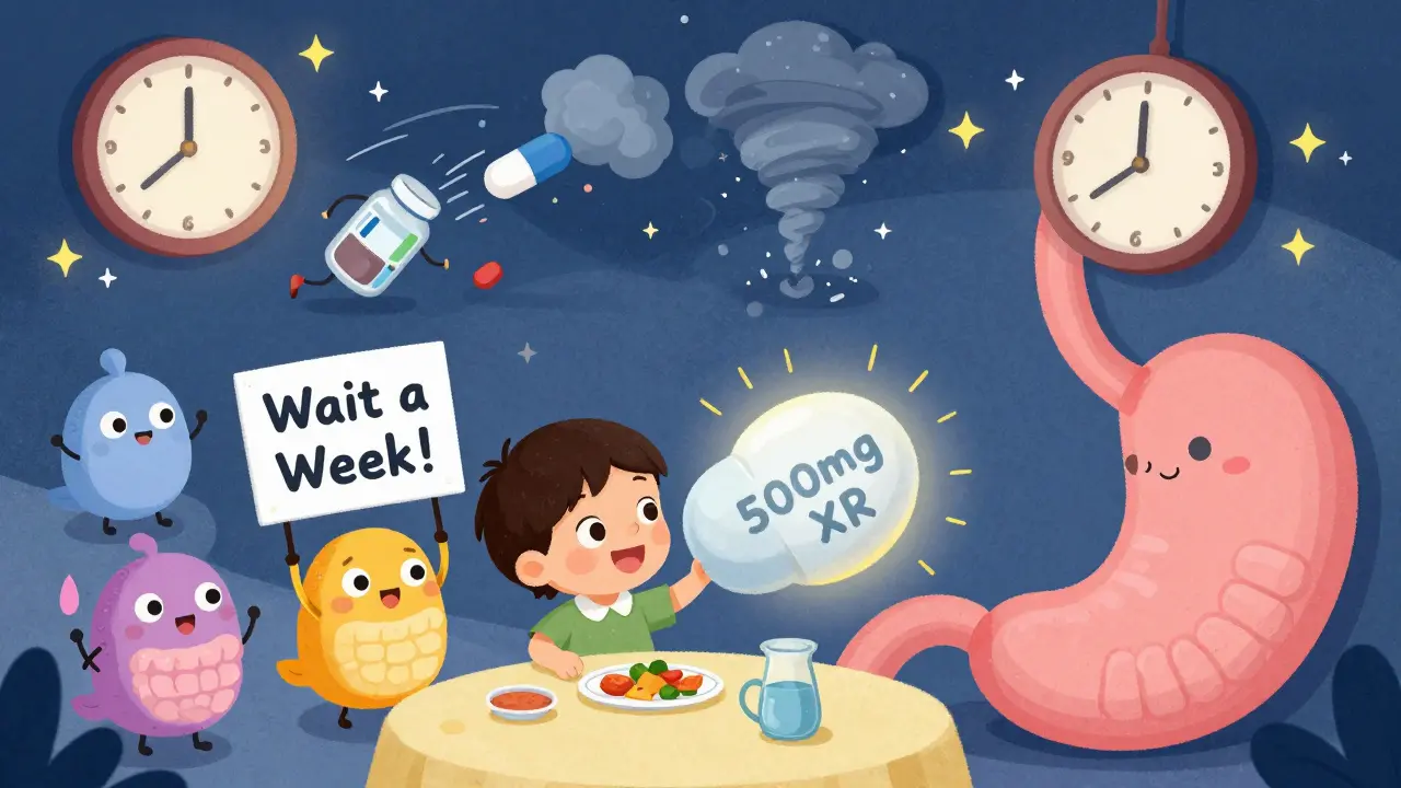 A child takes a 500mg XR pill with dinner as friendly gut creatures cheer and a clock shows time passing peacefully.