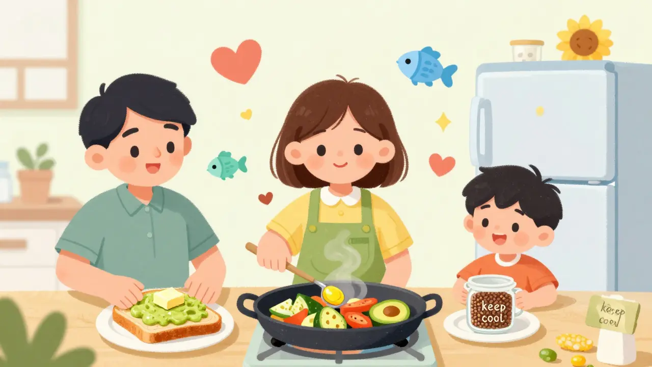 A family swapping butter for avocado and healthy oils while storing flaxseed oil in the fridge.