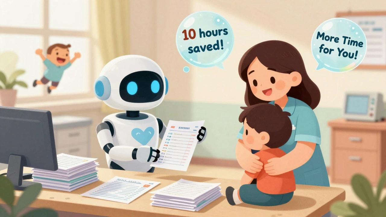 A friendly AI robot helping a nurse by organizing paperwork, freeing her to care for a patient.