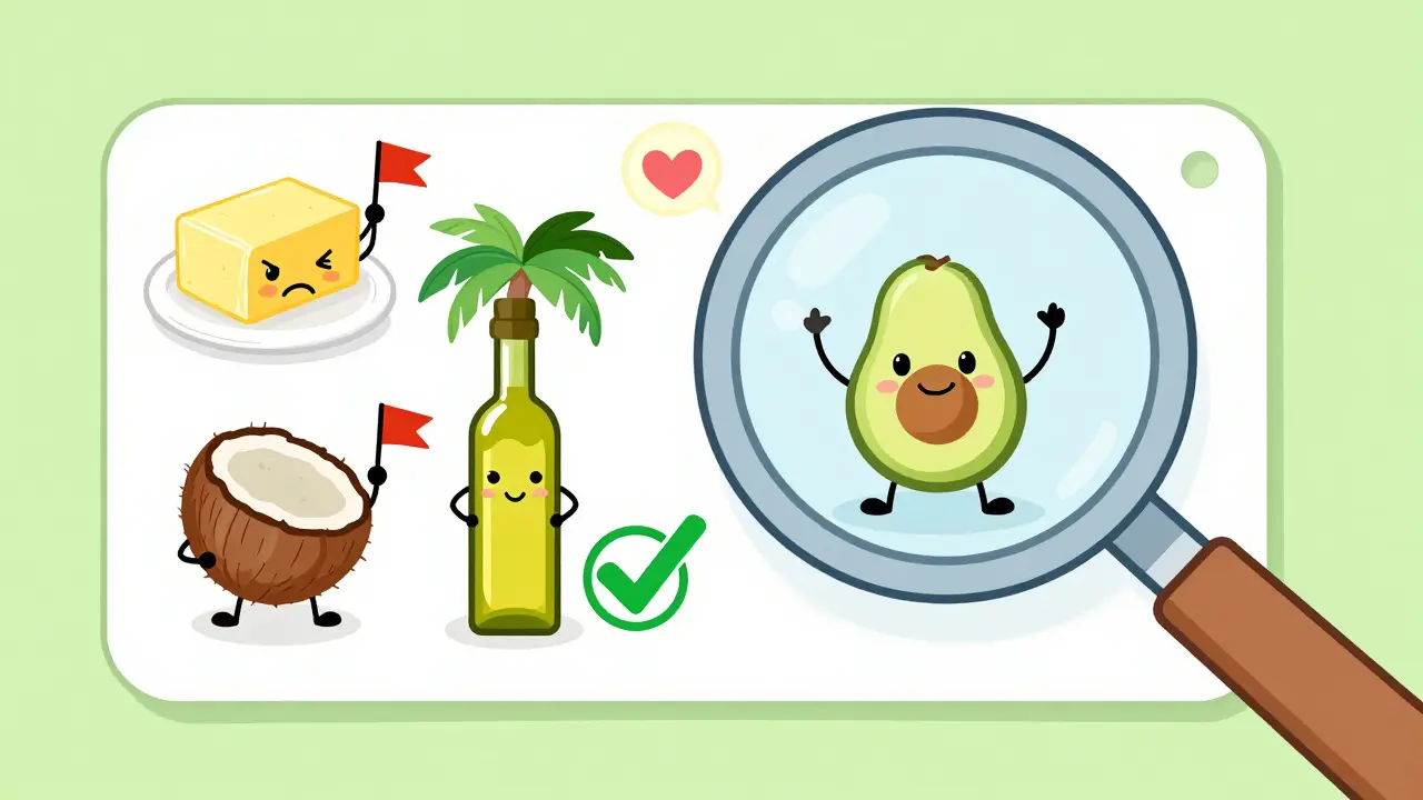 A magnifying glass revealing unhealthy fats frowning and healthy oils smiling on a food label.