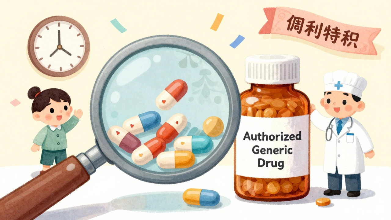 A magnifying glass reveals two identical pills inside bottles labeled brand and authorized generic, with smiling pharmacists watching.