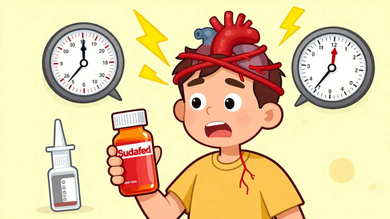 A man with a rising blood pressure gauge as decongestant effects tighten his blood vessels.