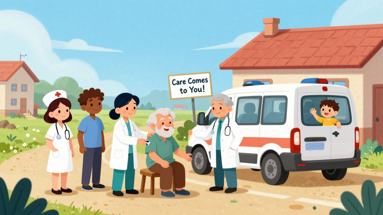 A mobile clinic van bringing care to a home in a rural town, with a diverse healthcare team and happy patient.