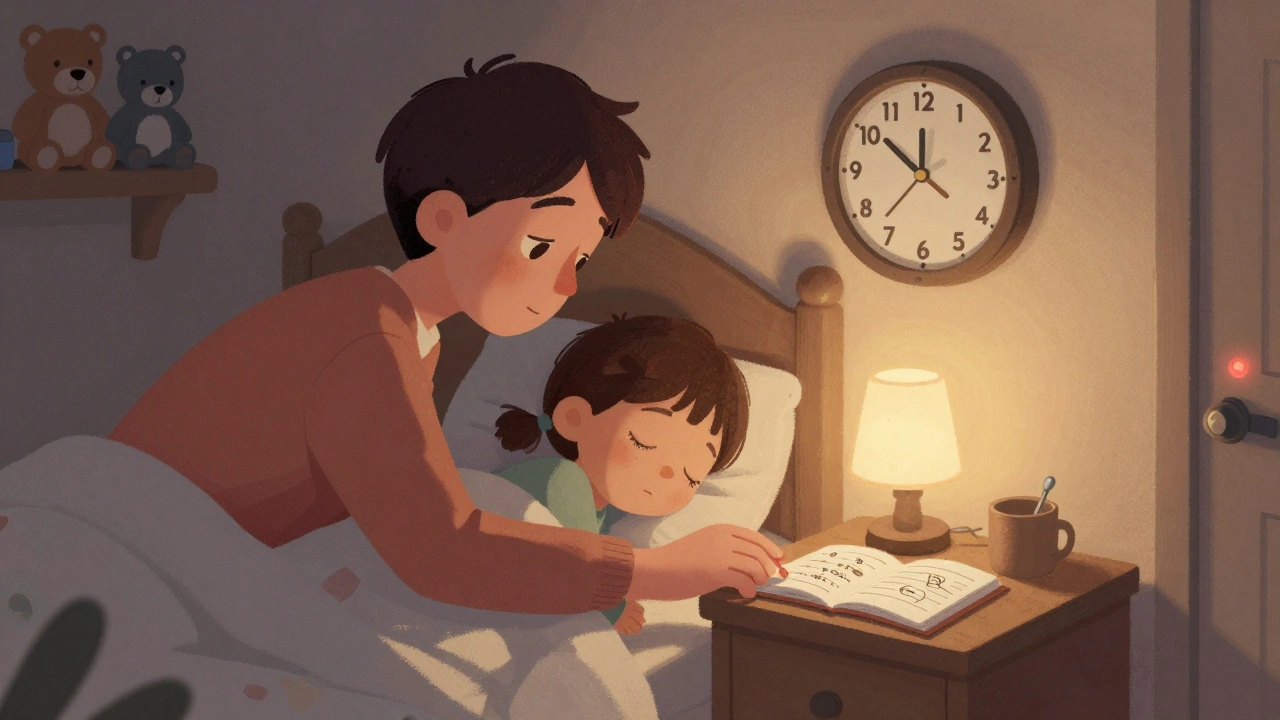 A parent gently wakes a child before a sleep episode, using scheduled awakenings.
