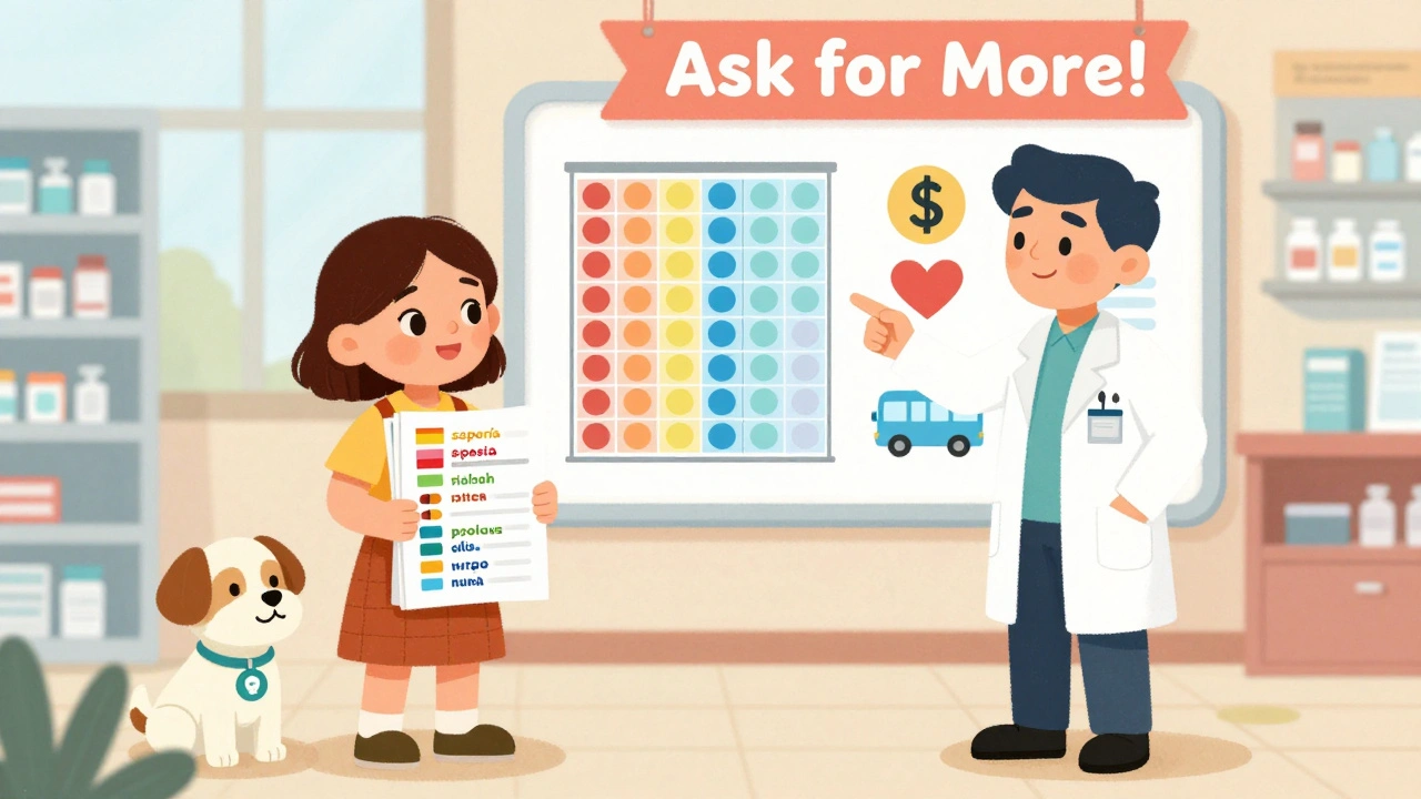 A patient holds multilingual health materials with a pharmacist showing a color-coded pill organizer and cost-help icons.