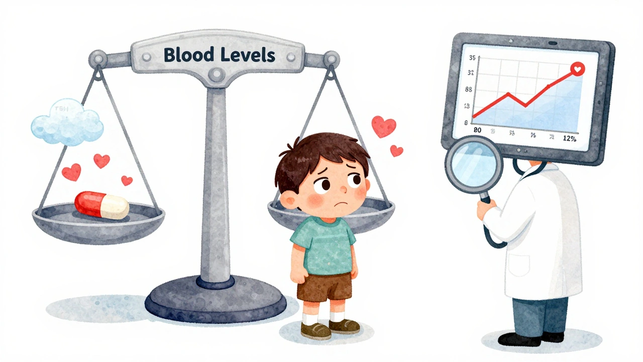 A patient standing beside a scale showing fluctuating blood levels from different generic pills.