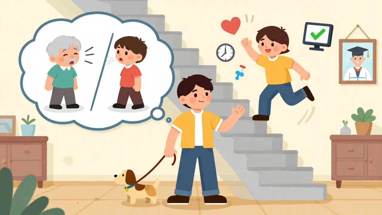 A person walking a dog, with a thought bubble showing progress from struggling to climbing stairs easily.