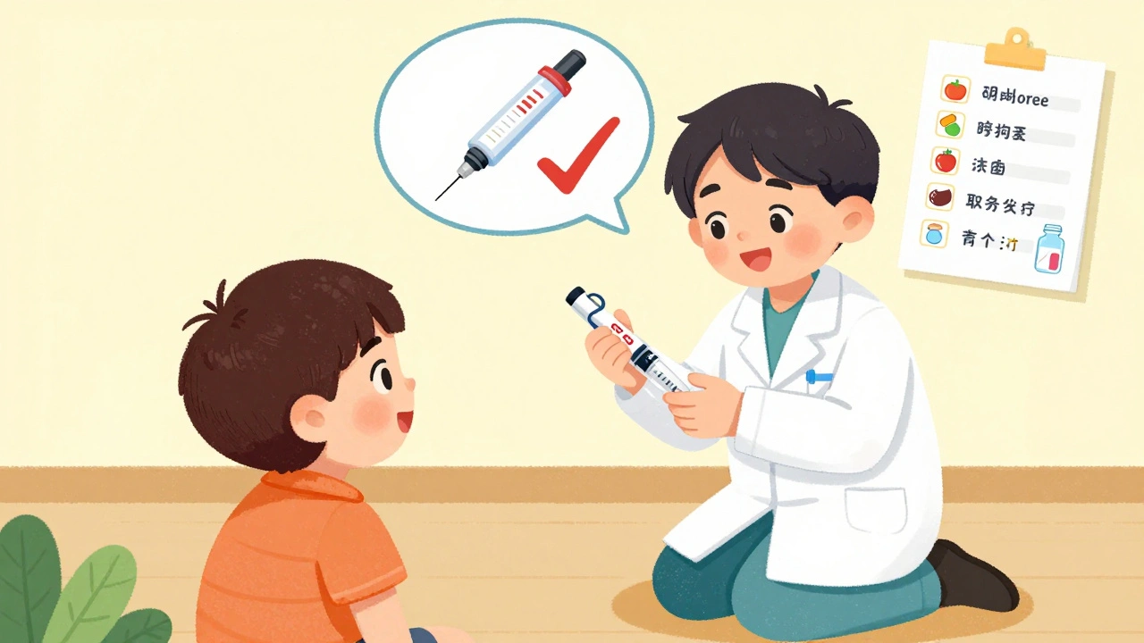 A pharmacist helps a patient practice using an insulin pen with a step-by-step demonstration.