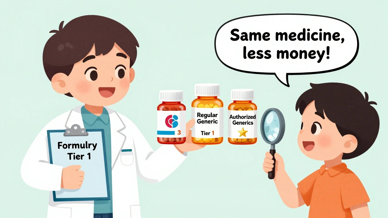 A pharmacist shows three pill bottles on a formulary chart, with authorized and regular generics both in Tier 1.