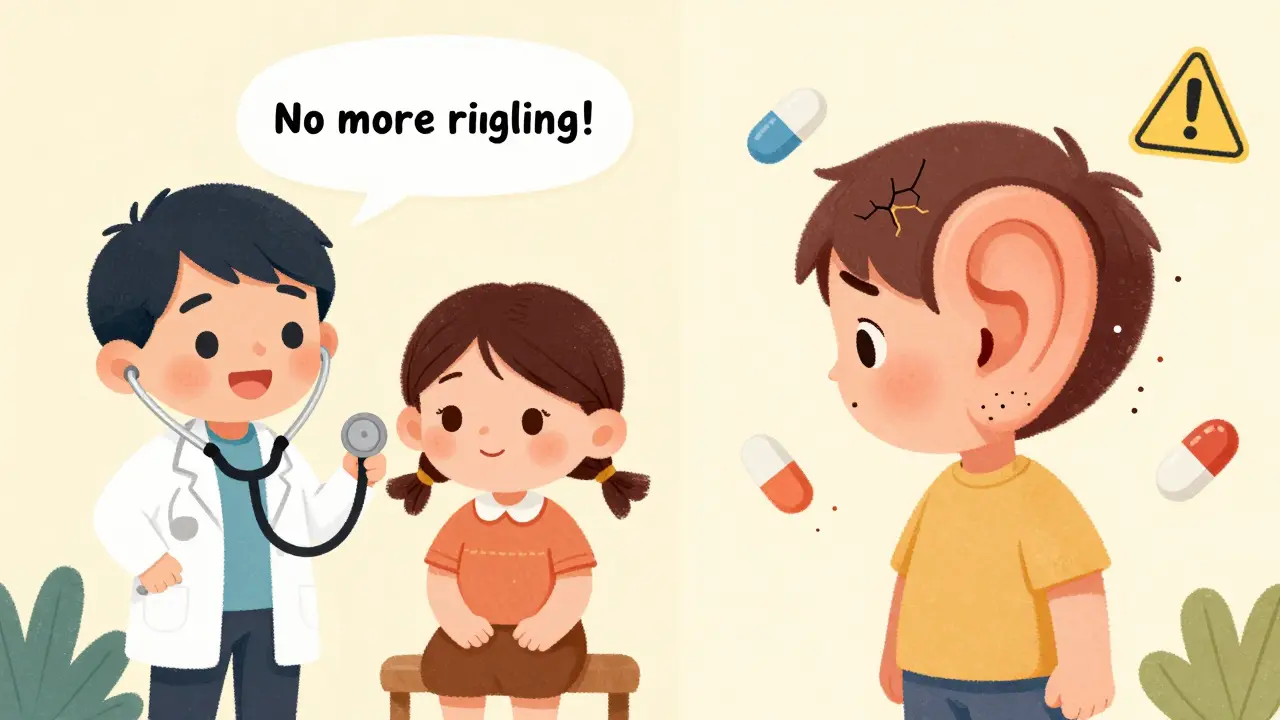 A split scene: one side shows a happy patient and doctor, the other shows a damaged ear with falling hair cells.