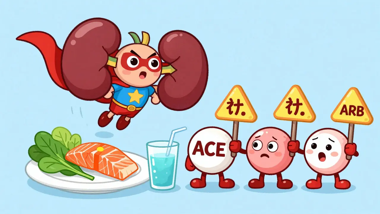 A superhero kidney protecting healthy foods while warning medication pills about high potassium.