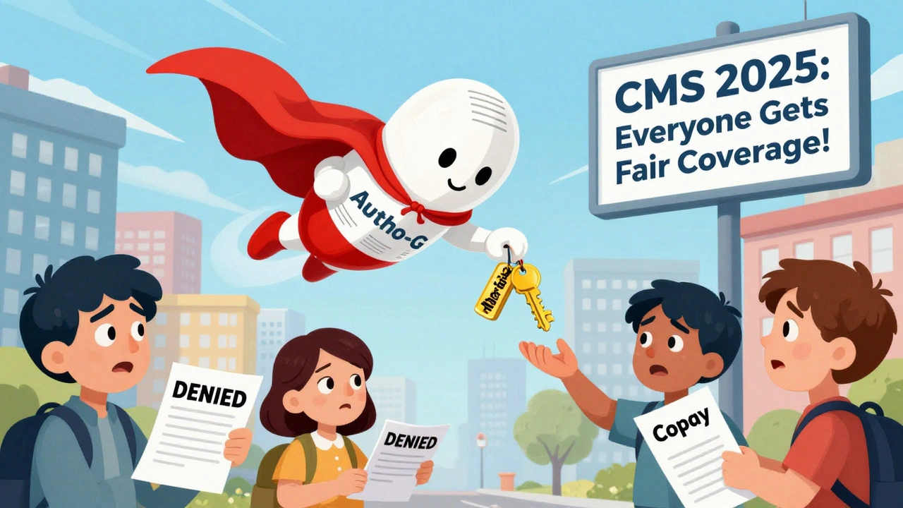 A superhero pill called Autho-G flies above a pharmacy, dropping keys to lower copays for confused patients.