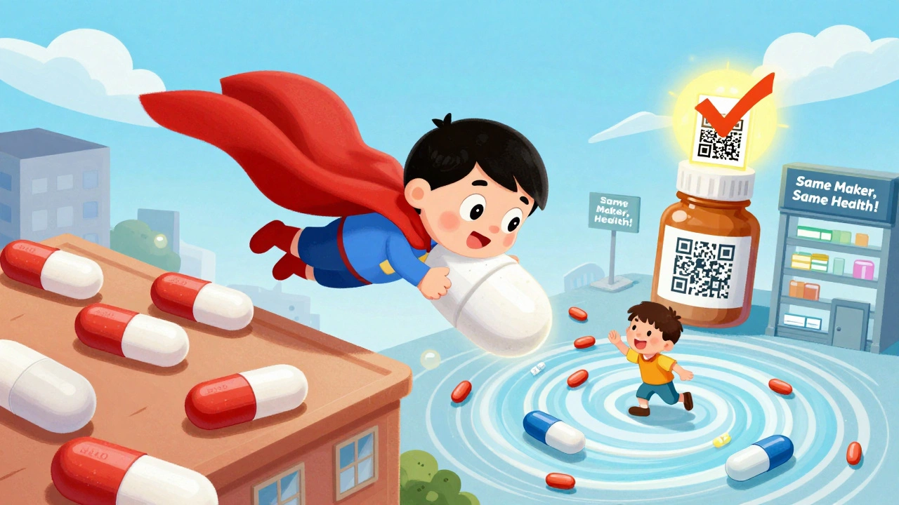 A superhero pill rescuing a patient from a whirlwind of changing medication manufacturers.