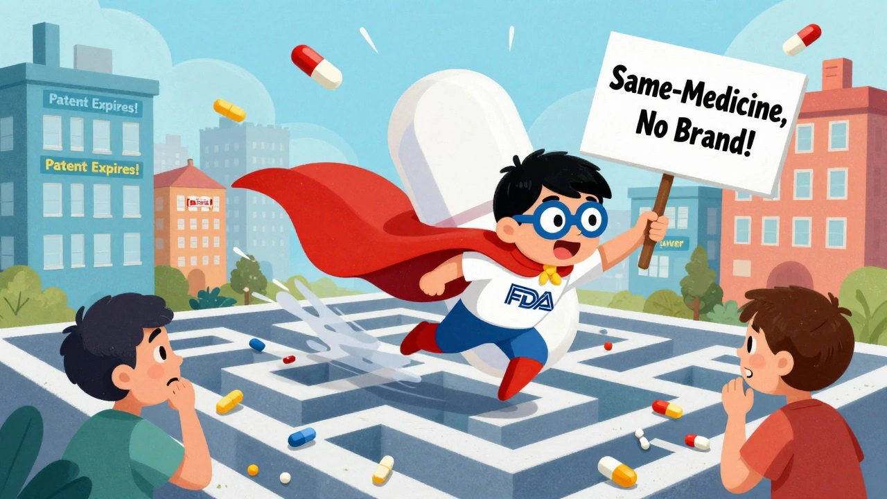 A superhero pill with an FDA cape rescues patients from confusing generics in a colorful pharmacy city.
