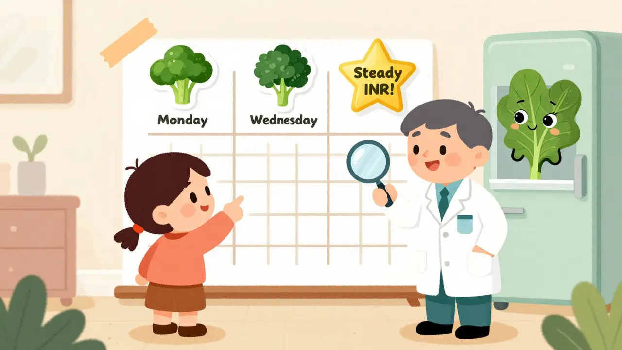 Child placing weekly food stickers on a chart, pharmacist smiling, spinach leaf winking from fridge.