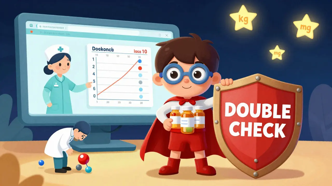 Child superhero with pill bottle cape beside 'DOUBLE-CHECK' shield, medical icons glowing safely.