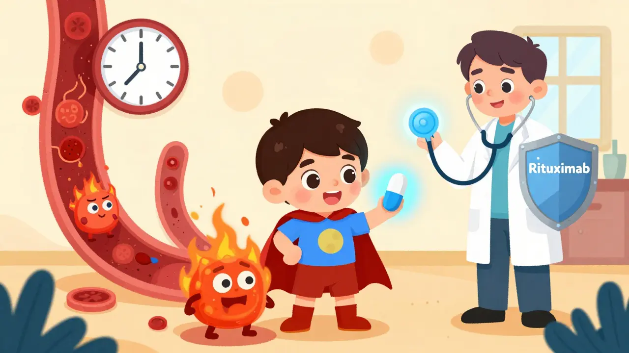 Child taking a glowing pill to fight inflammation monsters inside blood vessels.